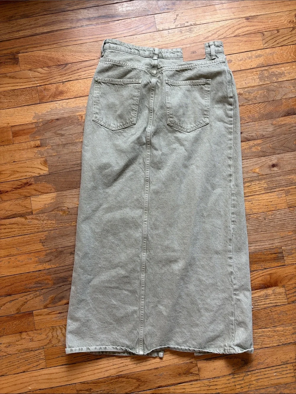 Zara Olive Green Denim Maxi Skirt with Front Slit